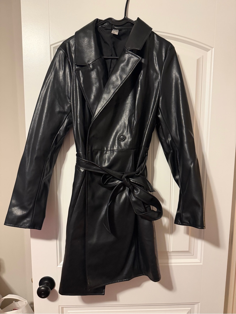 H&M Black Faux Leather Belted Trench Coat